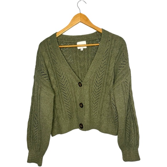 Pink Rose Sweaters - Pink Rose Olive Green Cropped Knit Cardigan Women’s Size Large Boho Cottagecore